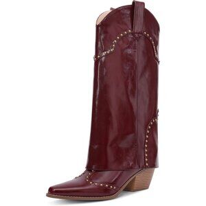 Women's Burgundy Shark Boots Fold Over Mid Calf Chunky Heel Snip Toe Cowboy
